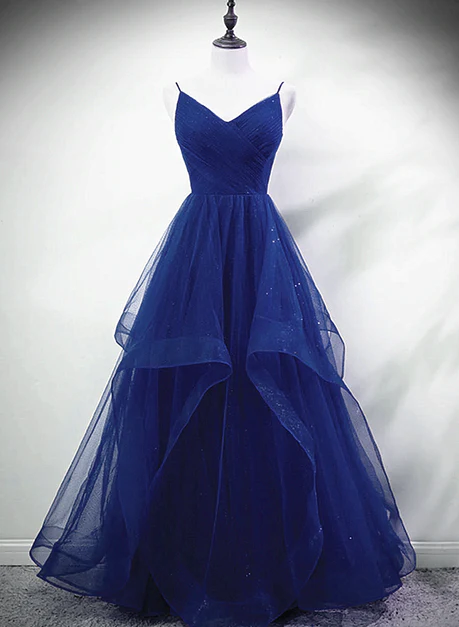 Blue A-line Straps Tulle Layers Long Evening Party Dress Hand Made Custom Long Prom Dress Ss812