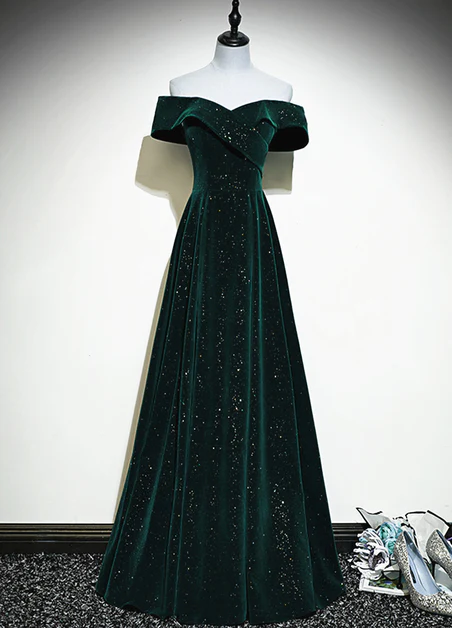 A-line Off Shoulder Green Velvet Simple Evening Party Dress Green Prom Dress Formal Prom Dress Ss813