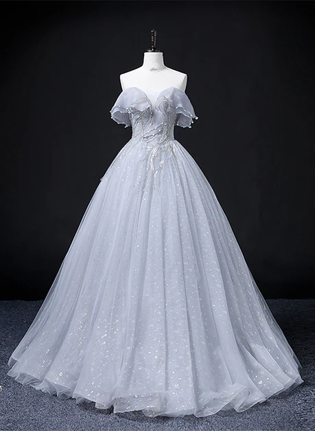 Sliver Grey Tulle Off Shoulder Long Party Dress Hand Made Custom Evening Dress Prom Dress Ss814