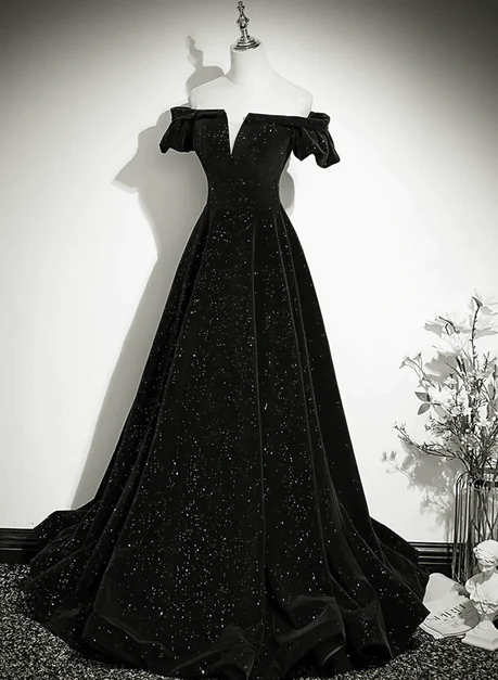 Black Off The Shoulder Full Length Prom Dress Hand Made Custom Evening Dress Ss815