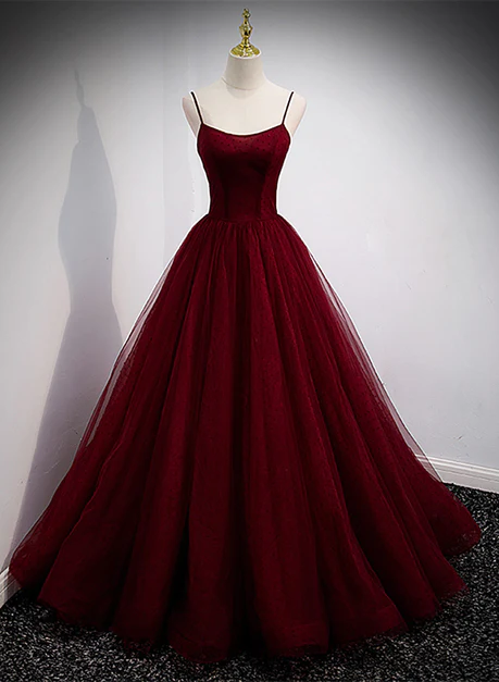 Wine Red Tulle Straps Long Evening Dress Party Dress Hand Made Prom Dress Ss816