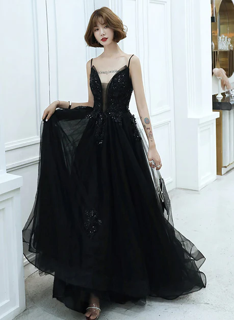 Black V-neckline Tulle With Lace Applique Long Prom Dress Black Evening Dress Ss817