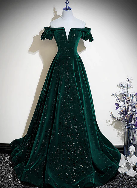 Dark Green Velvet Off Shoulder Long Party Dress Hand Made Green A-line Prom Dress Ss822