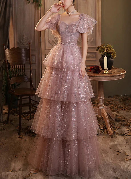 Pink Shiny Tulle Short Sleeves Evening Party Dress Beaded Pink Tulle Prom Dress Ss823