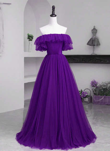 Dark Purple Tulle Off Shoulder Long Party Dress Hand Made A-line Purple Prom Dress Ss824