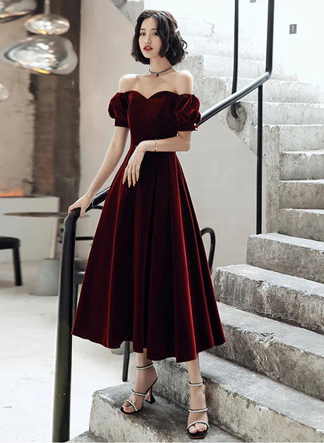 Wine Red Velvet Tea Length Off Shoulder Party Dress Hand Made Wine Red Bridesmaid Dress Ss825