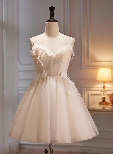 Ivory Tulle Short Homecoming Dress With Flowers, Ivory Short Prom Dress Ss827