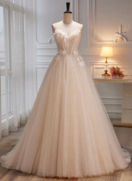 Ivory Tulle With Flowers Straps Prom Dress, A-line Ivory Party Dress Ss828