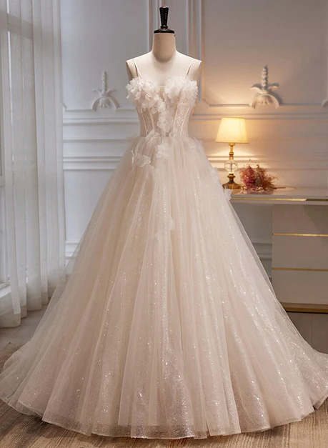 Ivory Tulle With Flowers Sweetheart A-line Long Prom Dress, Elegant Formal Dress Ss829