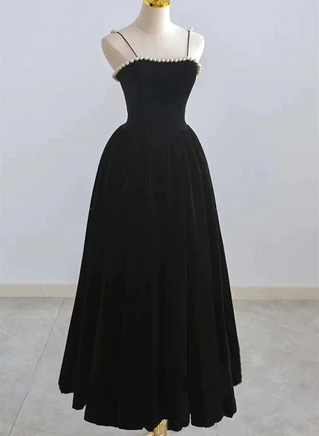 Black Tea Legnth Straps A-line Wedding Party Dress, Black Bridesmaid Dress Ss830