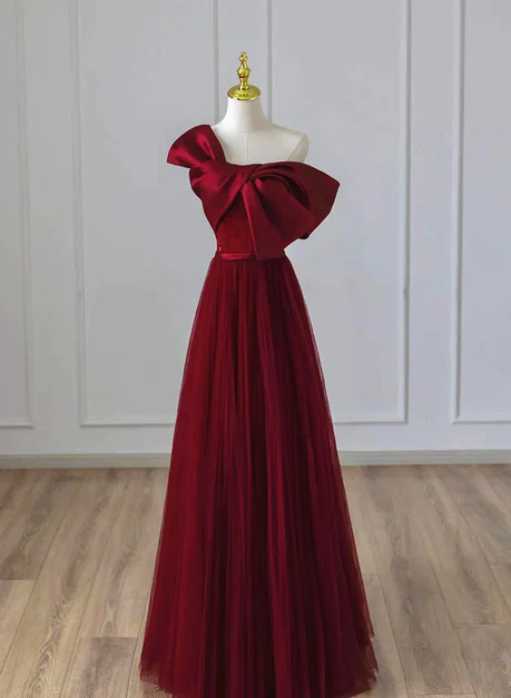 Wine Red Satin And Tulle A-line Simple Prom Dress, Floor Length Party Dress Ss833