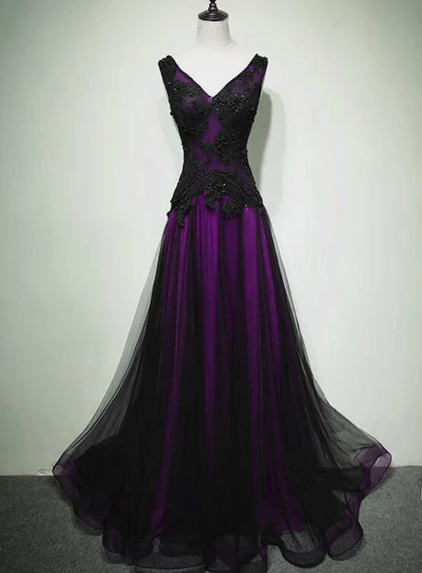 Black And Purple V-neckline A-line Prom Dress, Tulle With Lace Party Dress Ss836