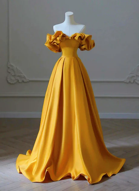 Gold Satin Sweetheart Off Shoulder A-line Prom Dress, Satin Evening Dress Ss838