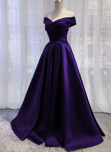 Purple Satin Off Shoulder Long Prom Dress, A-line Simple Purple Formal Dress Ss839