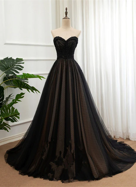 Black Tulle Sweetheart A-line Formal Dress With Lace, Black Long Prom Dress Ss840