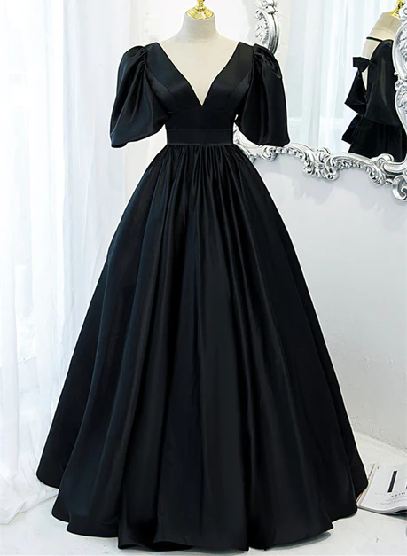 Black Satin Deep V-neckline Long Formal Dress, Black Evening Dress Prom Dress Ss841