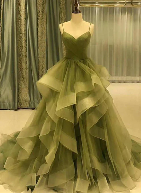 Green Straps Sweetheart Tulle Long Evening Dress, Green Layers Tulle Prom Dress Ss843