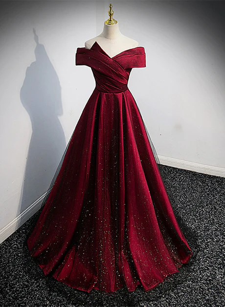 Black And Red Satin Off Shoulder Long Junior Prom Dress, A-line Satin Party Dress Ss845