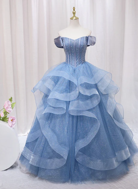Blue Beaded Off Shoulder Tulle Long Formal Dress, Blue Evening Dress Prom Dress Ss846