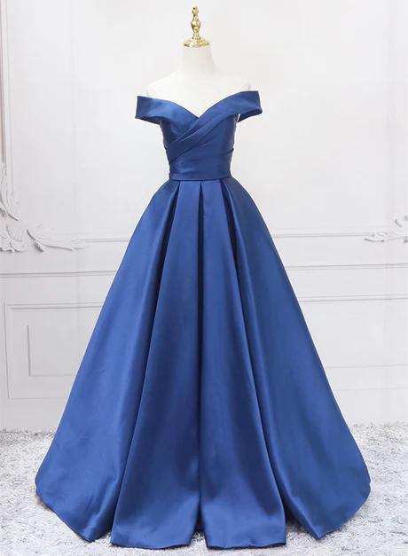 Off Shoulder Blue Satin A-line Floor Length Prom Dress, Blue Simple Formal Dress Ss847