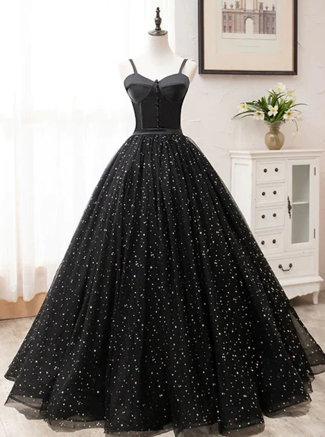 Black Sweetheart Straps Tulle Long Evening Gown, Sleeveless Floor-length Prom Dresses Ss848