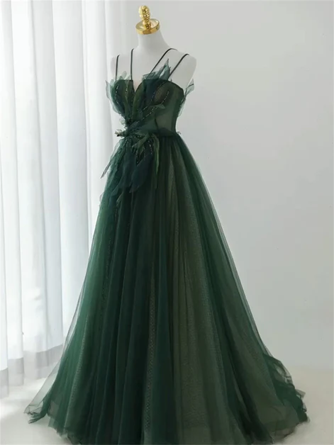 Dark Green Long Beaded A-line Evening Dress Party Dress, Green Prom Dress Ss850