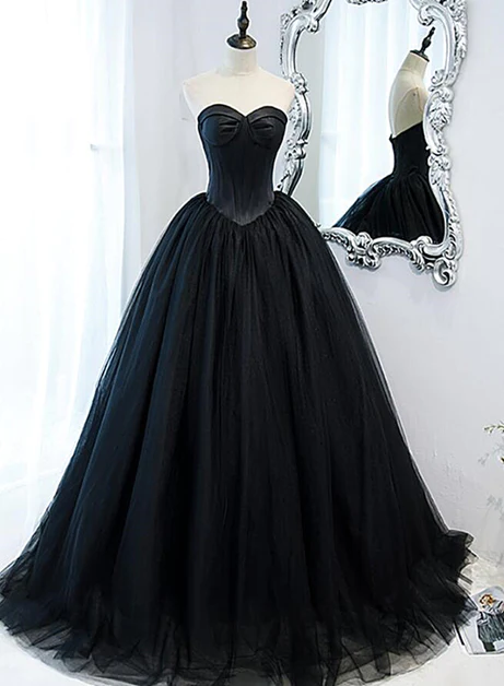 Black Ball Gown Sweetheart Satin And Tulle Formal Gown, Black Party Dresses Ss851