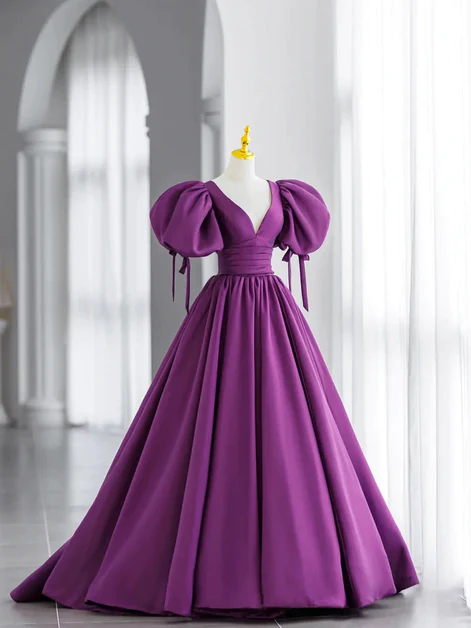 Purple Satin Puffy Sleeves Long Party Dress, Dark Purple Evening Dress Ss852