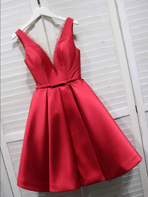 Red Satin V-neckline Knee Length Homecoming Dress, Red Short Prom Dress Ss853