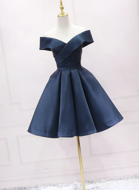 Navy Blue Satin Off Shoulder Bridesmaid Dress Party Dress, Short Prom Dress Ss855