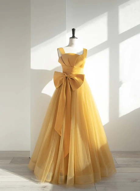 Yellow Tulle Long Party Dress With Bow, Yellow Prom Dress Evening Gown Ss856