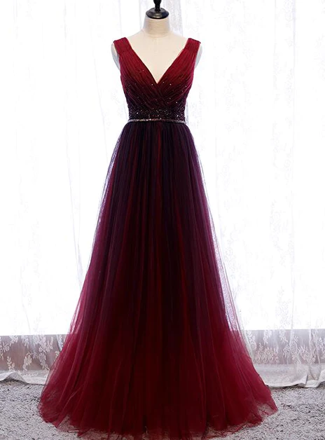 Beaded Wine Red Tulle Long Party Dress, A-line Wine Red Prom Formal Dresses Ss857