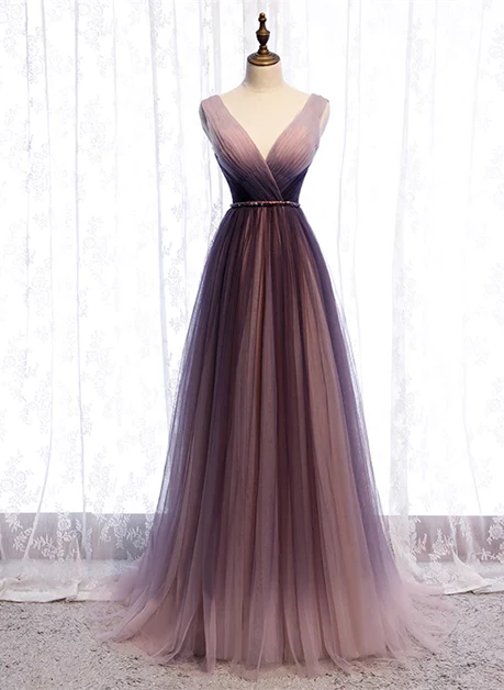 Beautiful Gradient V-neckline Tulle Long Prom Dress Party Dress, Gradient Evening Gown Ss858