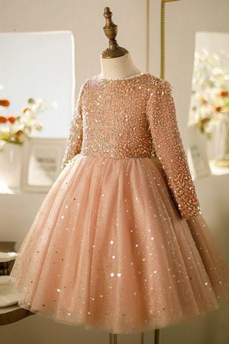 Princess Dress Host Catwalk High-end Champagne Gold Costumes Light Luxury Piano Performance Evening Skirt Girls Fll028