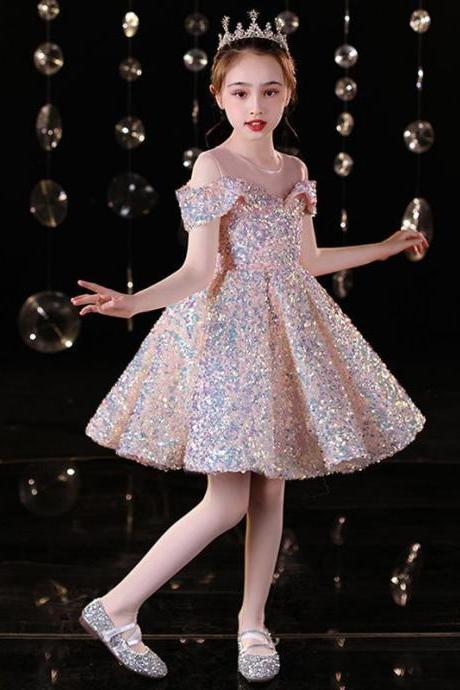 Children's Evening Dress Girls Colorful Sequins Short Wedding Dress High-end Foreign Style Birthday Princess Dress Fll033