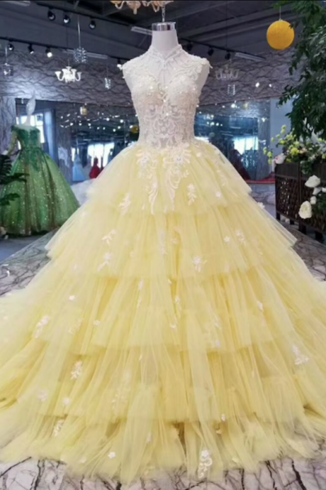 vintage yellow prom dresses ball gown Evening Dress tiered lace applique elegant princess luxury prom gowns SS861
