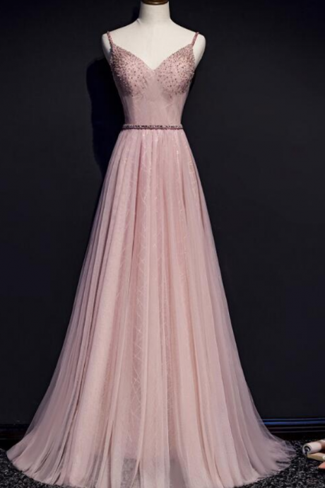Pink Prom Dresses V-neckline Beaded Tulle Prom Dress Evening Party Gown Ss872