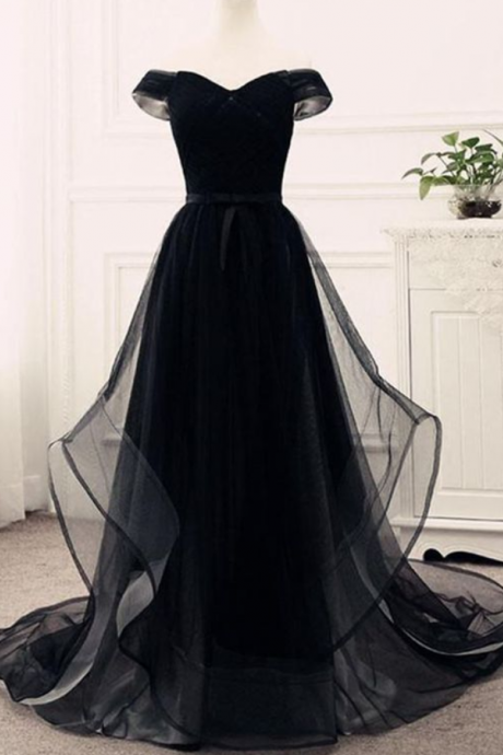 Black Prom Dress Tulle Party Dress Sweetheart Neck Off Shoulder Customize Long Ruffles Evening Dresses Ss873