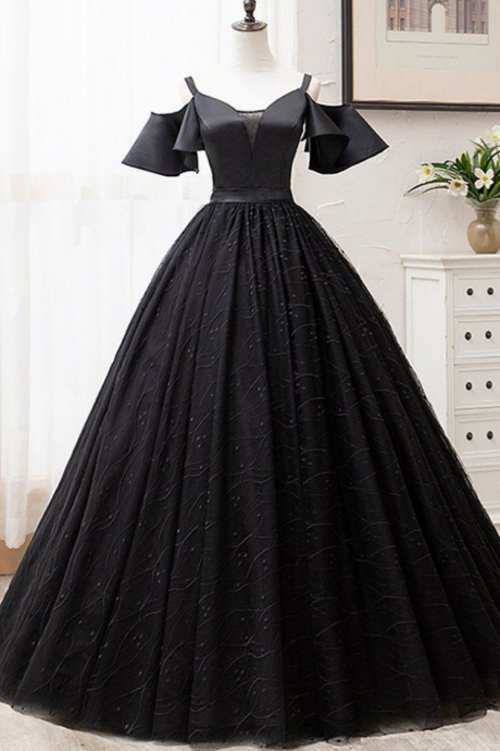 Black Cap Sleeve Long Formal Prom Dress Evening Dress Graduation Dress Ss882