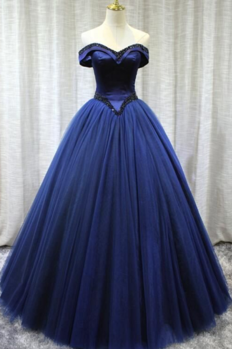 Blue Handmade Off Shoulder Tulle Sweet 16 Gown Evening Dress Long Formal Gowns Ss883