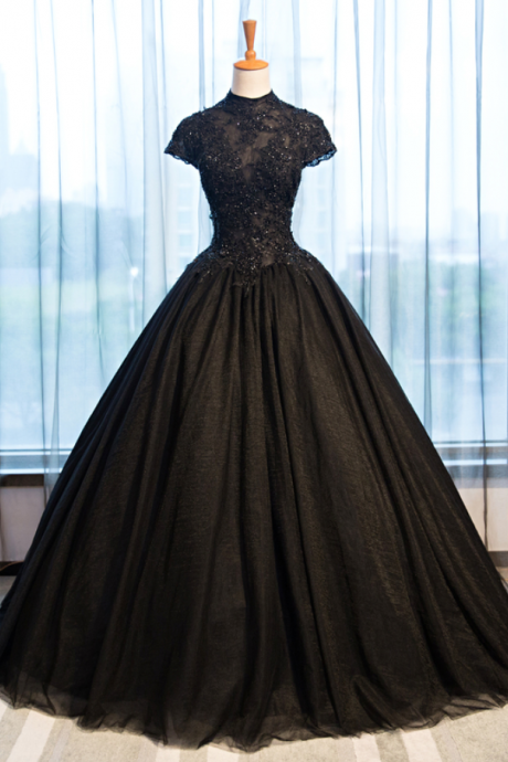 Black High Neck Black Wedding Dresses Cap Sleeves Applique Lace Beading Corset Ball Gown Wedding Dress Gothic Bridal Gown Ss886