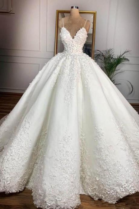 Fantastic Spaghetti Straps Wedding Dresses With Appliques Lace Floor Length Bridal Dress Custom Made Ss888
