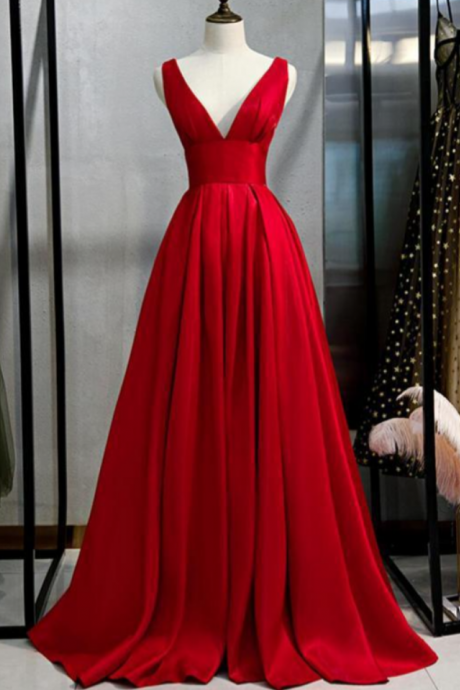 V Neck Simple Red A-line Long Evening Prom Dresses Evening Party Prom Dresses Ss902