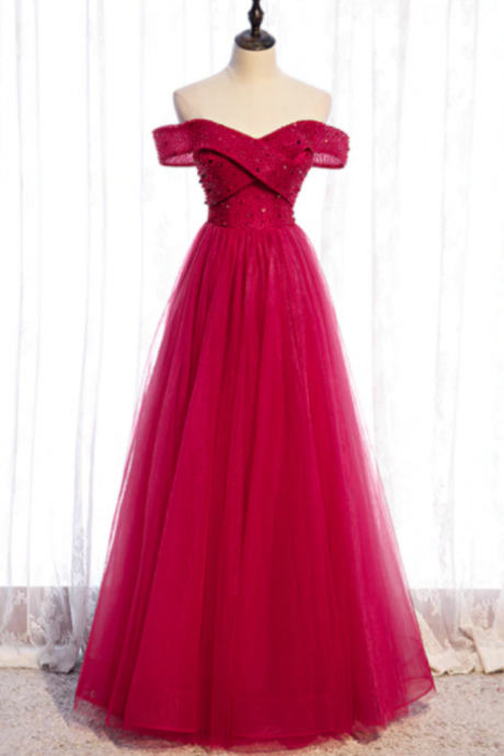 Red A-line Tulle Off The Shoulder Evening Dress Beading Sequins Prom Dress Ss904