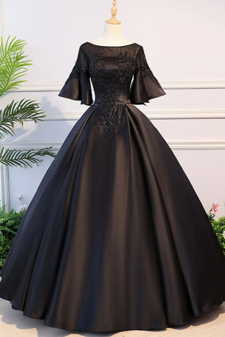 Black Round Neck Satin Lace Long Prom Dress Evening Dress Sweet 16 Dress Ss906