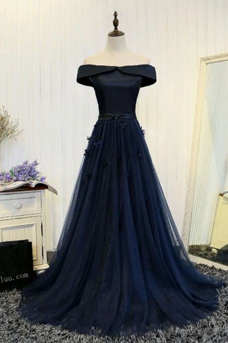 Dark Blue Off Shoulder Long Prom Dress Hand Made Evening Dress Ss907