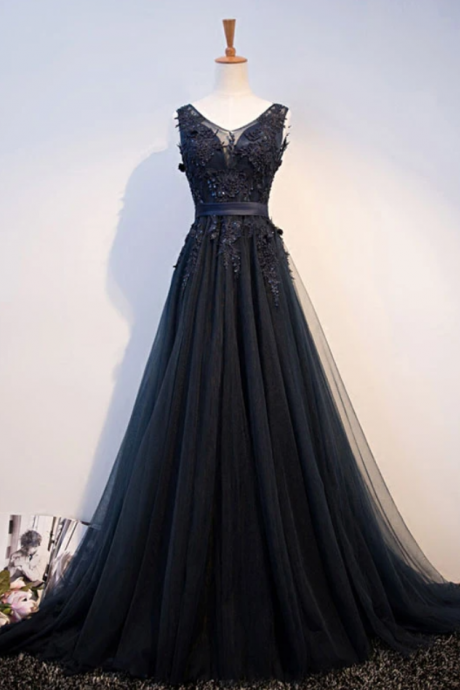 Navy Blue V Neck Tulle Lace Applique Long Prom Dress Evening Dress Ss908