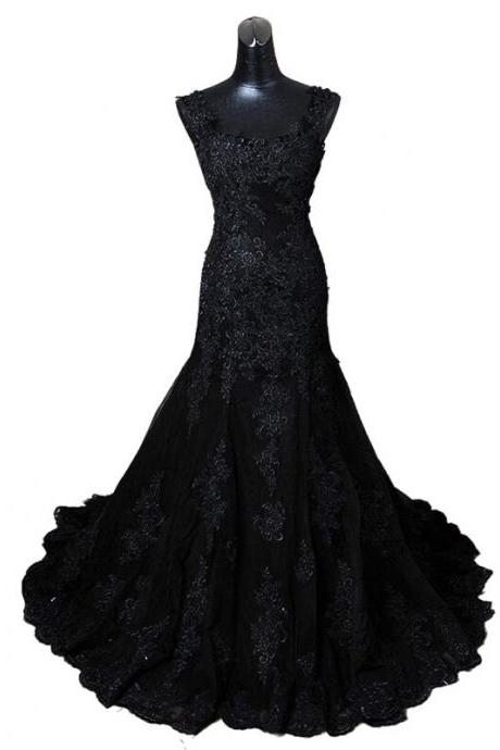Vintage Black Lace Mermaid Wedding Dress Straps Scoop Neck Back Lace-up Plus Size Trumpet Bridal Gowns Sweep Train Sleeveless Ss911