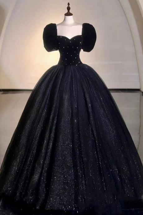Luxury Black Cap Sleeve Beading Long Evening Dress Party Prom Skirt For Formal Occasion Hand Made Custom Plus Size Ss912