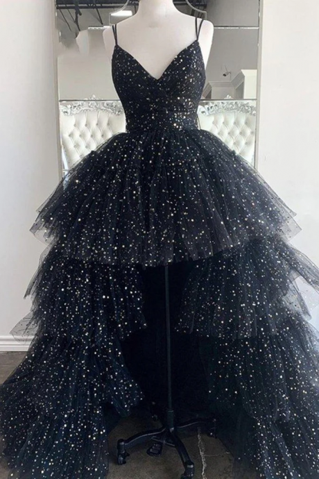 Shiny High Low V Neck Black Tulle Long Evening Dress Prom Dresses Ss914